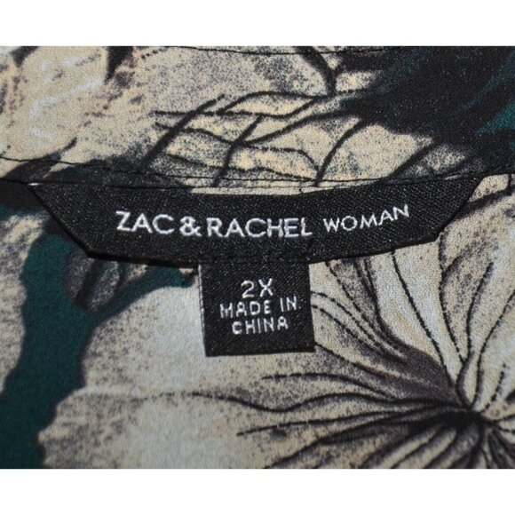 Zac & Rachel Womens Green Floral V-Neck Blouse Plus Size 2X Long Roll Tab Sleeve - Picture 10 of 12